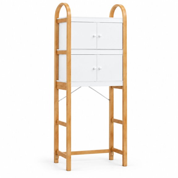 Over the Toilet Storage Cabinet with 4 Doors, Arched Bamboo and Engineered Wood, 24"W x 10.2"D x 66"H, White and Bamboo, Bathroom or Laundry Room