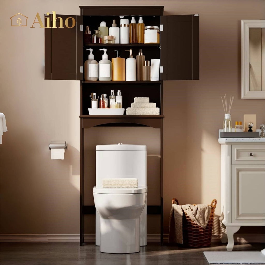 Over-the-Toilet Storage Cabinet with Adjustable Shelf, Aiho 66" Bathroom Space Saver Storage Cabinet, Freestanding - Brown