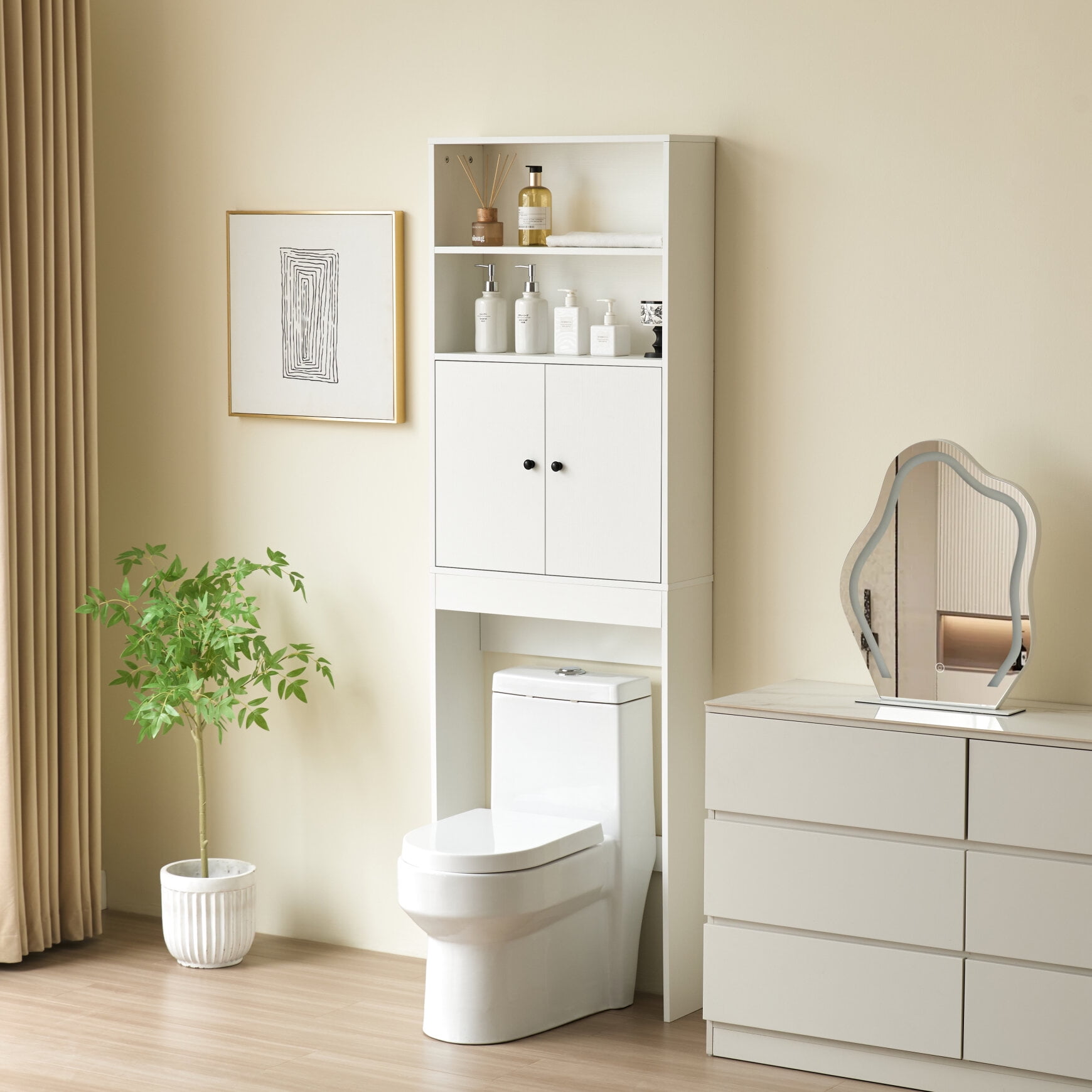 White MDF Farmhouse Over-The-Toilet Storage Cabinet with Barn Doors