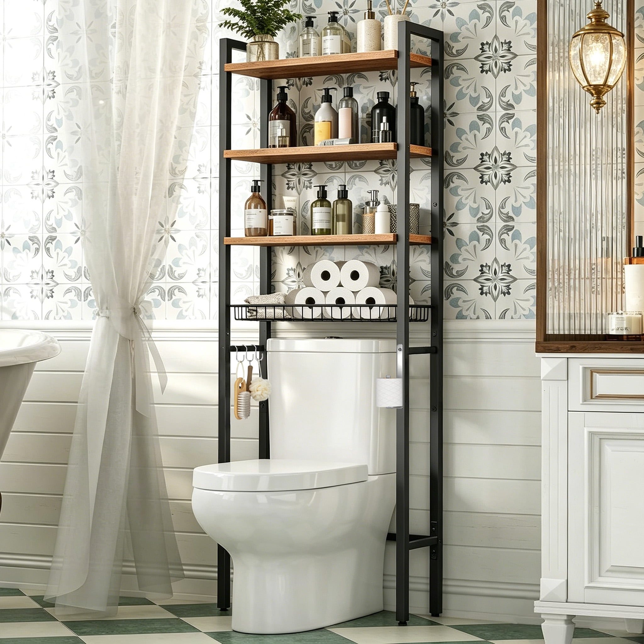 cisilov Over The Toilet Storage Shelf, 4-Tier Bathroom Organizer with Hooks & Toilet Paper Holder, Over Toilet Storage Rack for Small Bathroom, Black