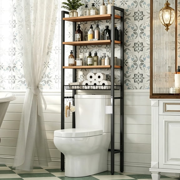 cisilov Over The Toilet Storage Shelf, 4-Tier Bathroom Organizer with Hooks & Toilet Paper Holder, Over Toilet Storage Rack for Small Bathroom, Black
