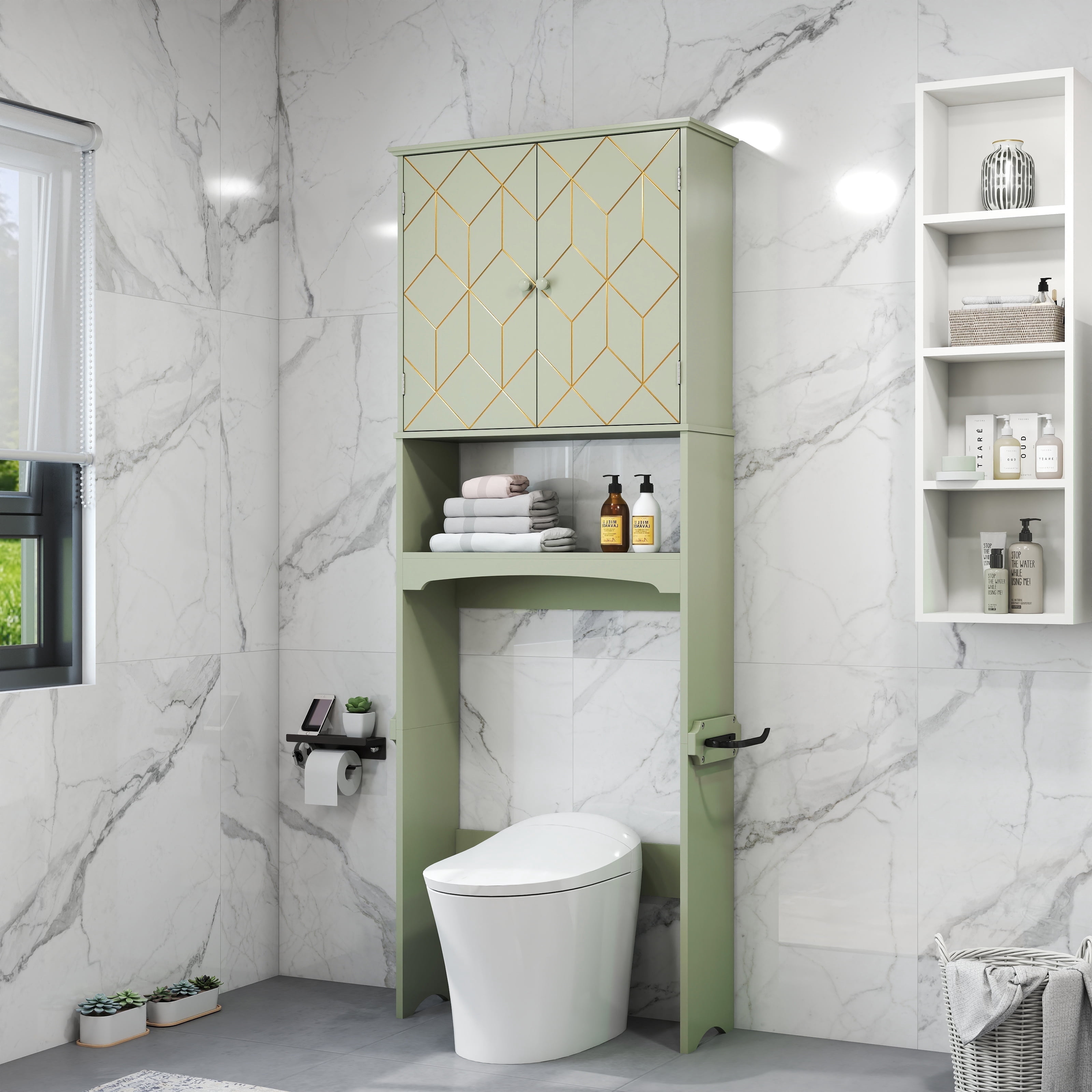 Over the Toilet Storage with Geometric Design, Bathroom Organizer with Toilet Paper Holder, Green