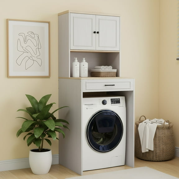 Over the Washer and Dryer Storage Cabinet, Minimalist Wood Storage Organizer with Adjustable Shelf, for Laundry Room, Bathroom, Antique White