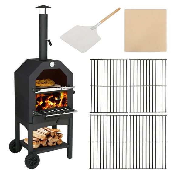 OverPatio 14Inch Outdoor Pizza Oven Wood Burning Outdoor Pizza Oven w/ Pizza Stone, Pizza Peel, Grill Rack,2 Removable Wheels