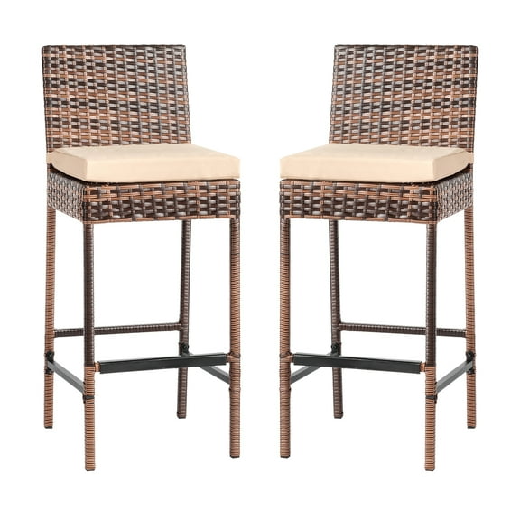 OverPatio 2 Packs Wicker Bar Stools with  Cushion, High Bar Wicker Chairs for Kitchen, Balcony, Deck, Yard, Brown