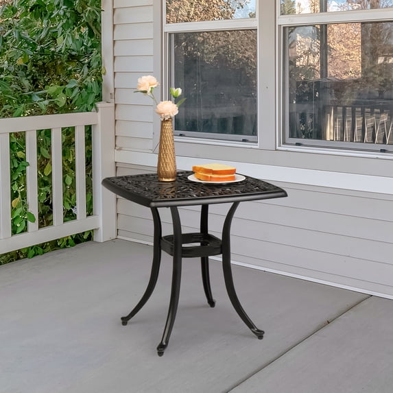 OverPatio 21.3-Inch Square Black Cast Aluminum Side Table with 1.6-Inch Umbrella Hole Black