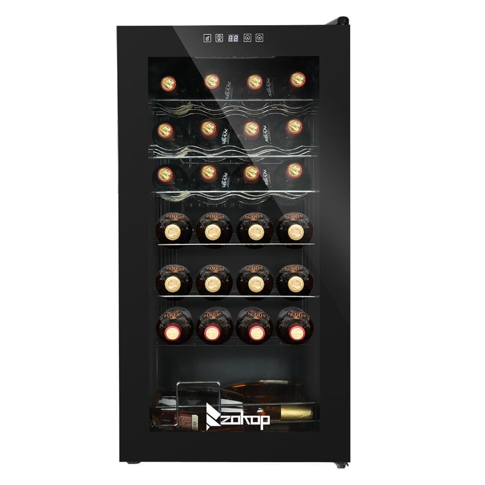 Black Freestanding Wine Cooler with Interior Lighting, 28-Bottle Capacity
