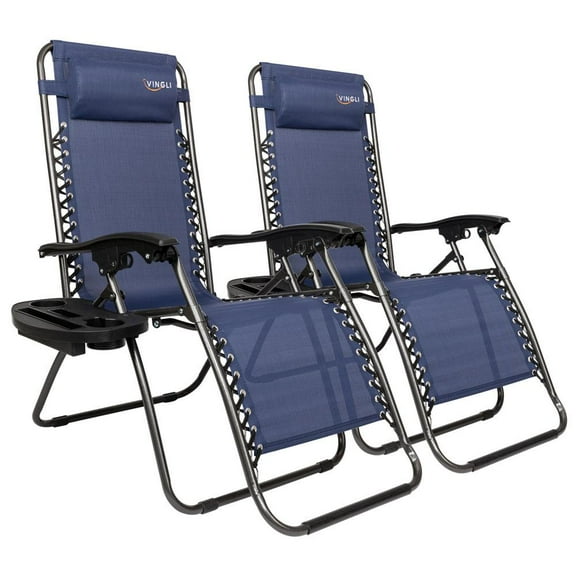OverPatio 2PC Zero Gravity Chairs Lounge Patio Folding Recliner Outdoor Blue W/ Oversized Cup Holder