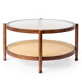 thumbnail image 1 of OverPatio 31.5" Round Walnut End Table - Tempered Glass Top & Handwoven Wicker Shelf for Indoor/Outdoor Use, 1 of 9