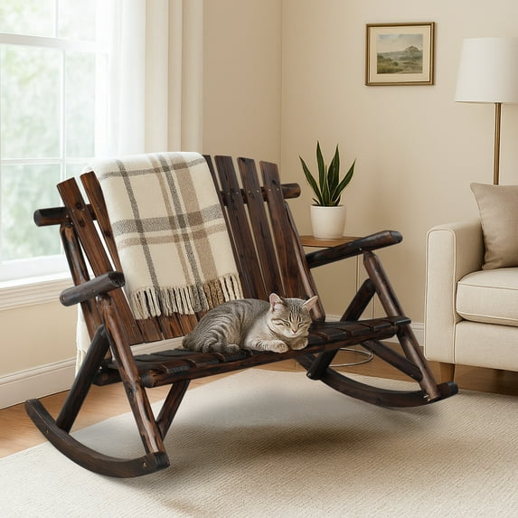 OverPatio 38in Wooden Rocking Chair for 2, Carbonized Rustic Outdoor Garden Seat Comfortable Backyard Swing Bench