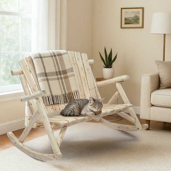 OverPatio 38in Wooden Rocking Chair for 2, Original Wood Outdoor Garden Seat Comfortable Backyard Swing Bench