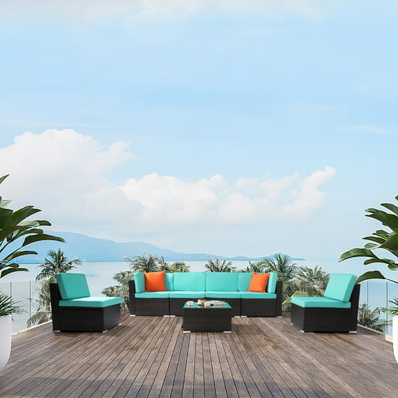 OverPatio 7Pieces Wicker Sectional Set Patio Furniture Rattan Module Sofa Set for Patio and Garden, Outdoor Sofa with Table and Lake Blue Cushion