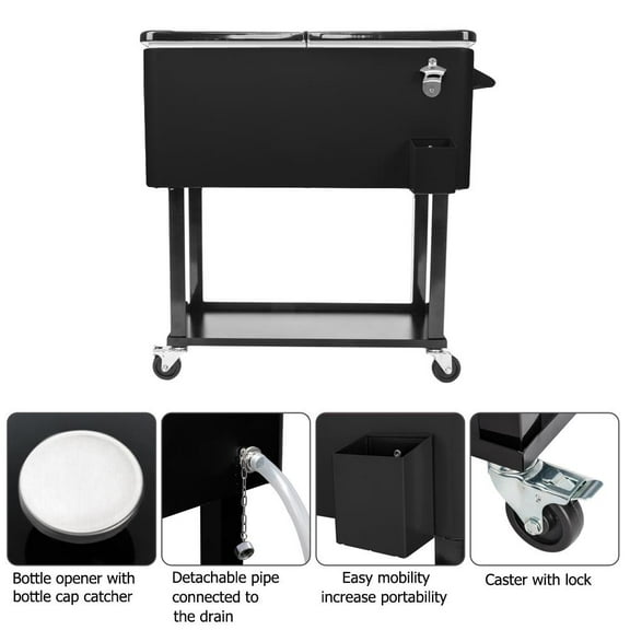 OverPatio 80QT Cooler Cart Rolling Spray Iron Ice Bee Chest Patio Warm Shelf Black