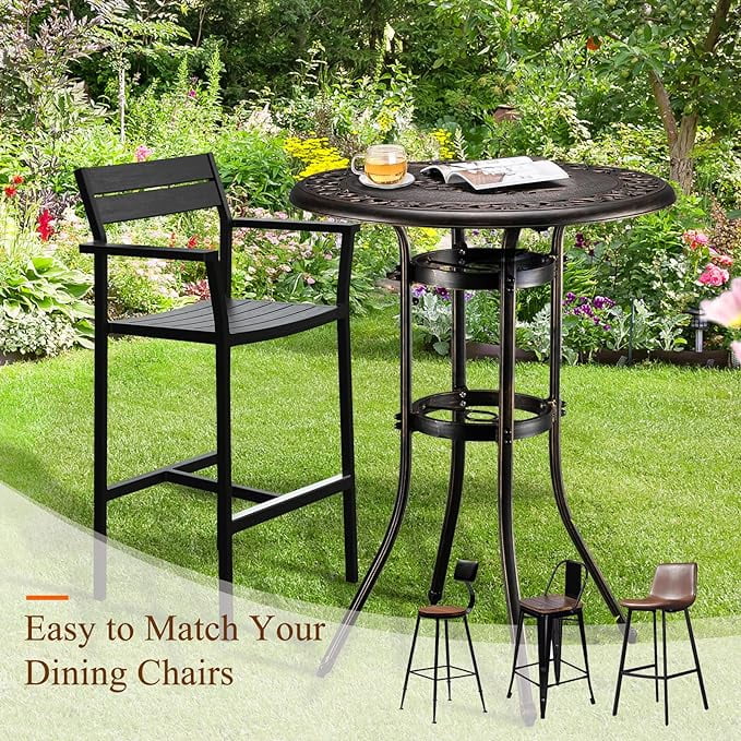OverPatio Bar Height Patio Table with Umbrella Hole Outdoor Bar Table Cast Aluminum Patio Dining Table Tall Outdoor Table Bistro Table for Outdoor