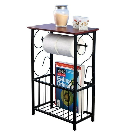 OverPatio Bathroom Table and Stand with Toilet Paper Roll-Bar Holder and Storage Rack - Black Metal Frame with Scroll Design, Walnut Color Wood Top - Ideal to Keep Essential Toiletries at Easy Reach