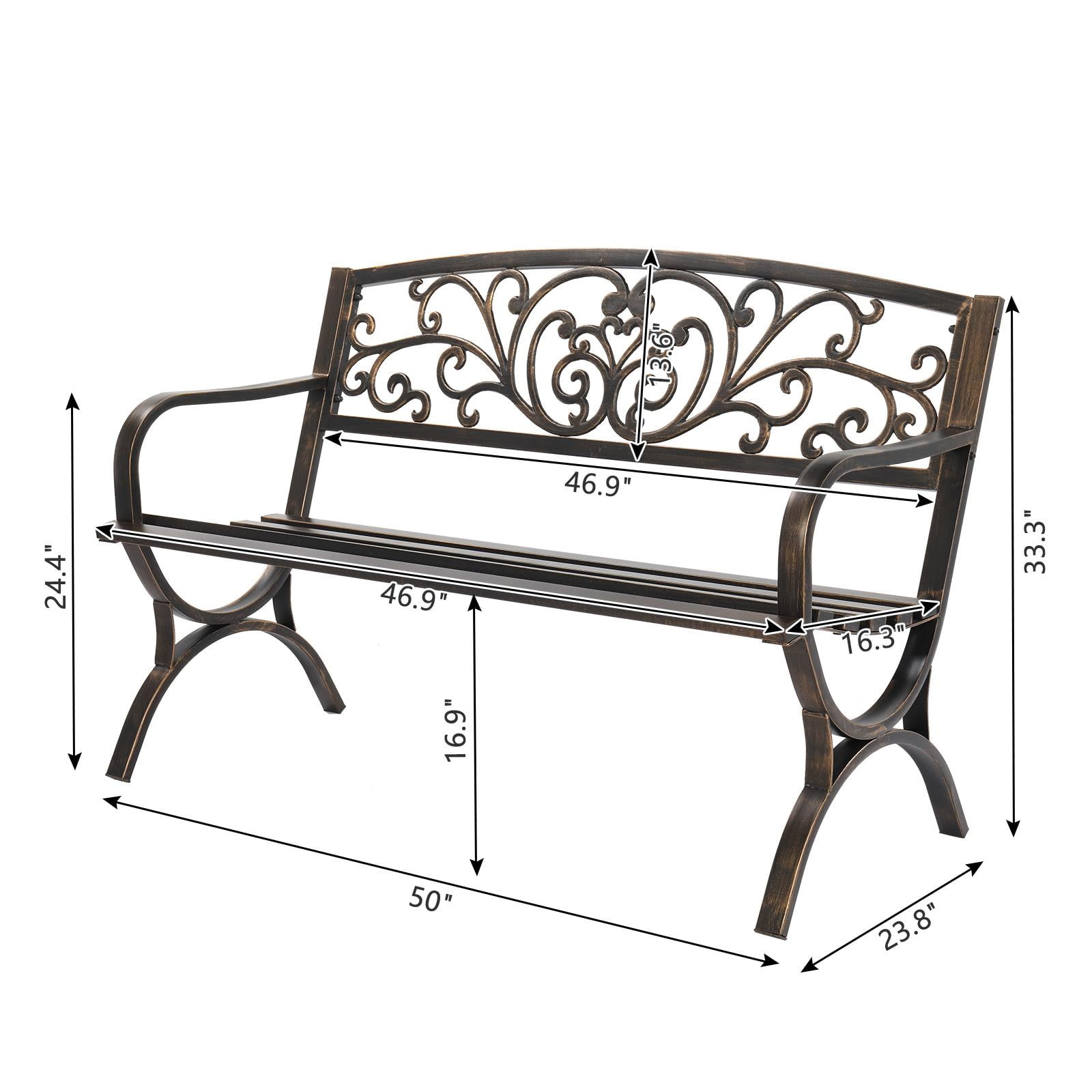 OverPatio Garden Bench Outdoor Bench for Patio Metal Bench Park Bench Cushion for Yard Porch Work Entryway Bronze