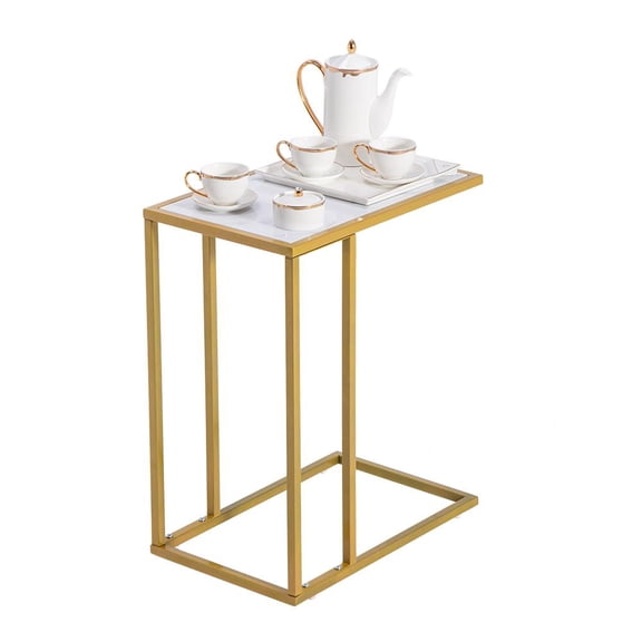 OverPatio Modern Side End Accent C Table Living Room,Sofa Side End Table,C Shaped Table Laptop Holder,Marble,Gold