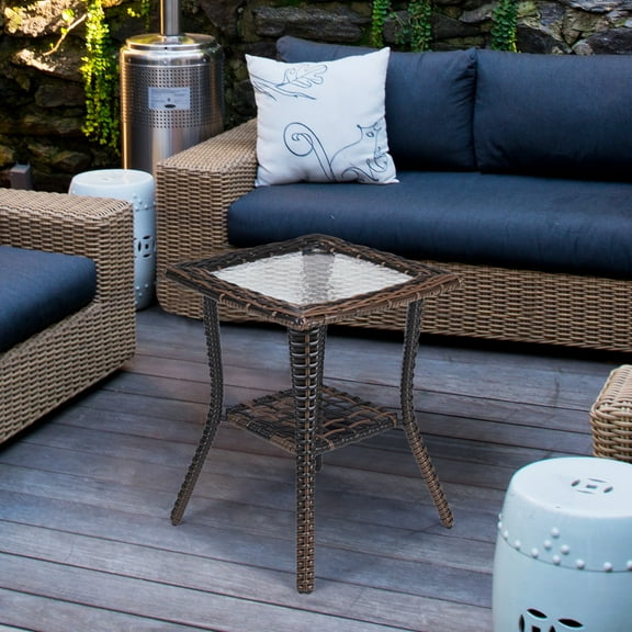 OverPatio Outdoor Side Table, Wicker End Table for Patio Garden Yard, Lawn, Brown