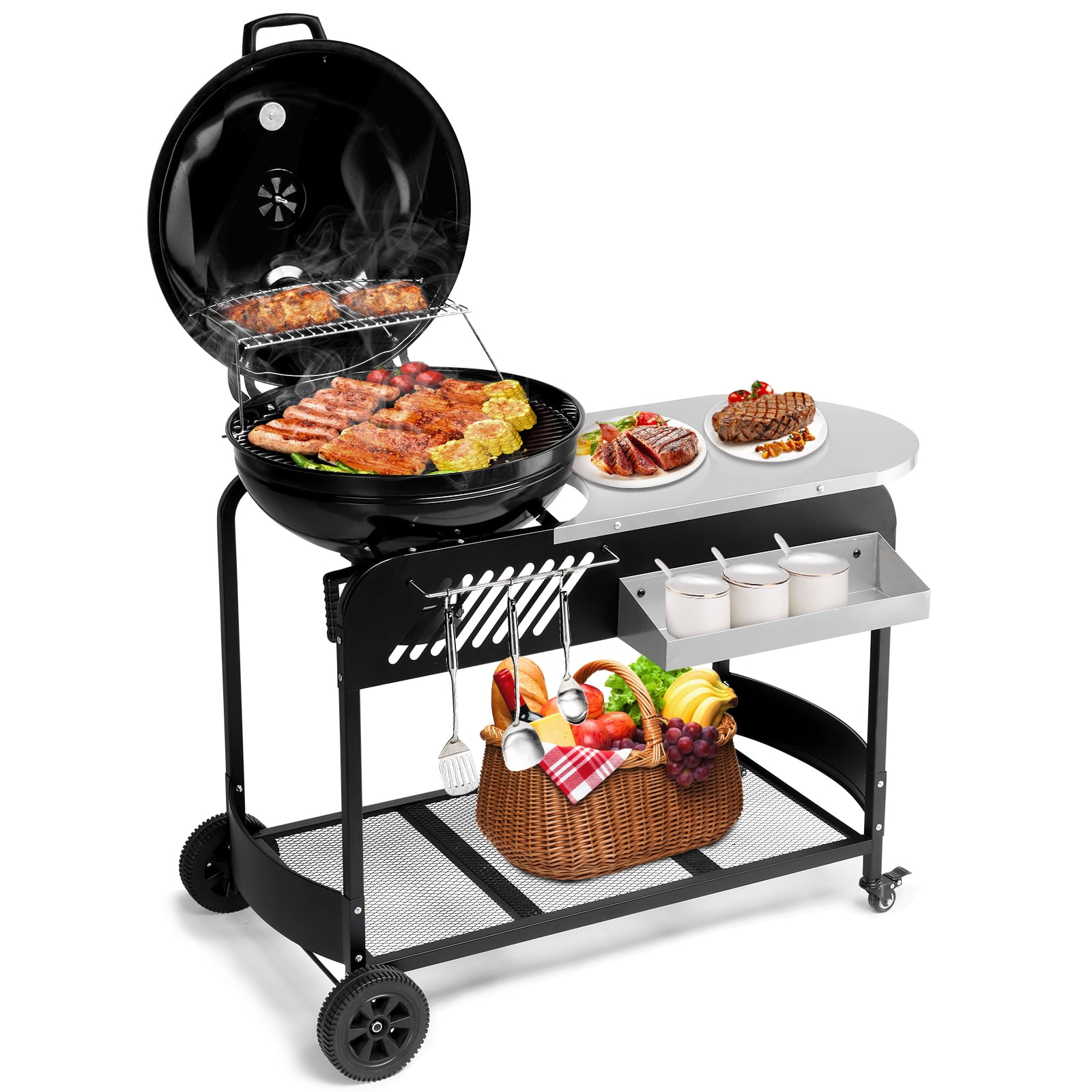 OverPatio Portable Charcoal Grill Outdoor Camping BBQ Oven with Wheels,Black