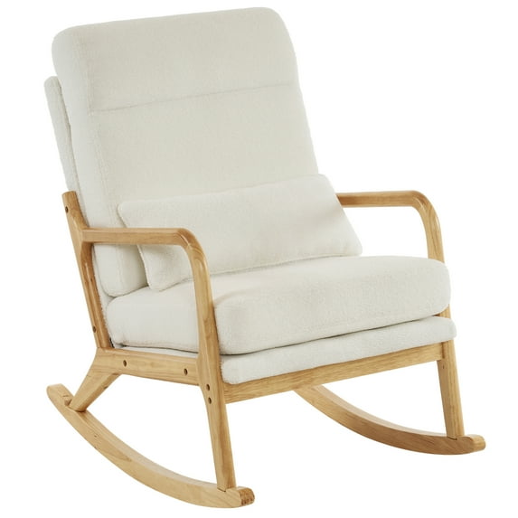 OverPatio Rocking Chair Recliner, Wooden Rocker for Adults, Modern Accent Chair with Arms for Living Room Bedroom Studio Ivory White