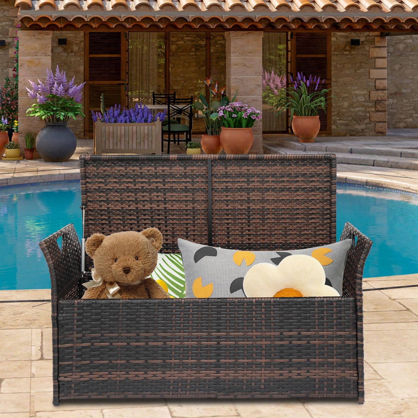 Brown rattan storage bench discount