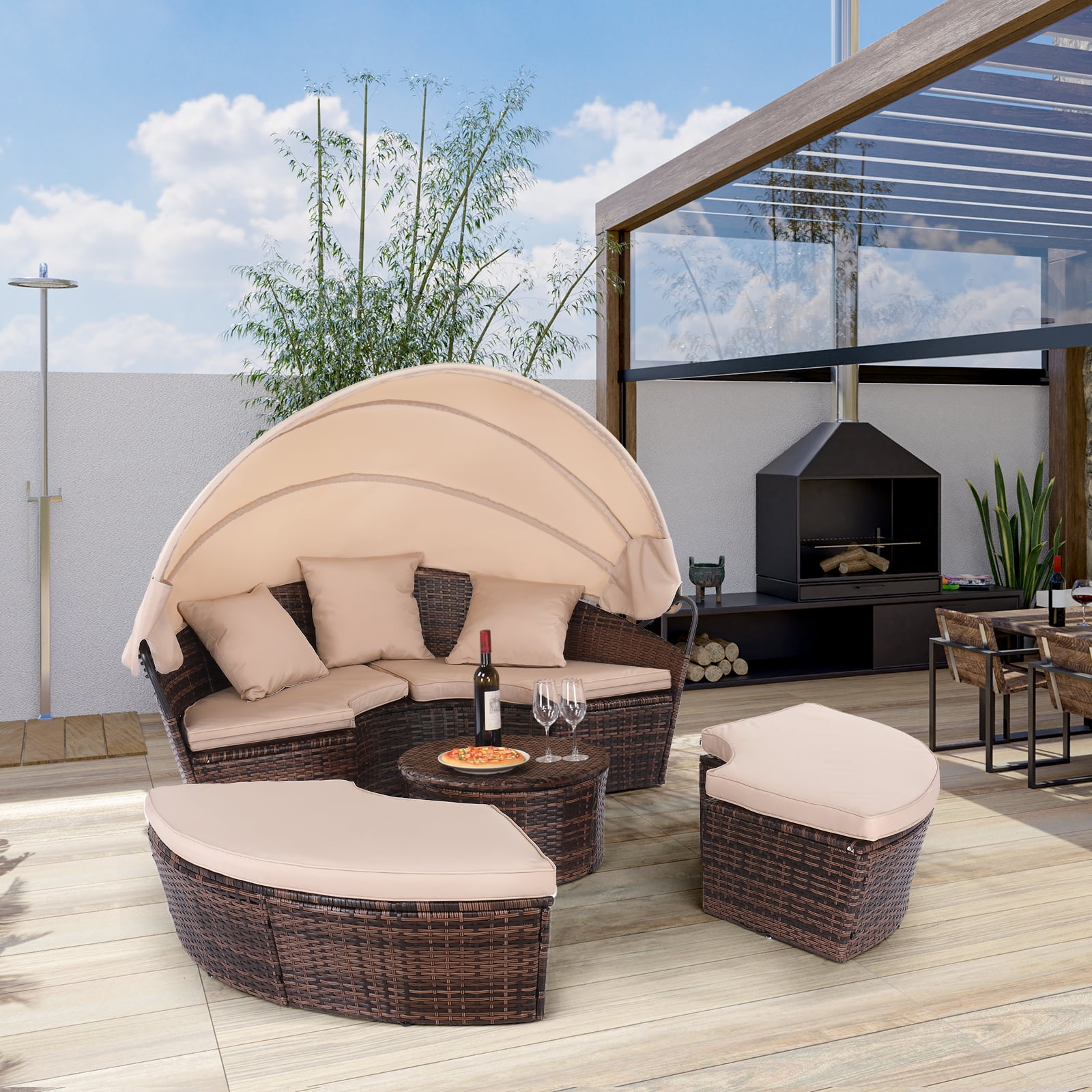 OverPatio Wicker Daybed, Round Wicker Sectional Sofa Set for Outdoor
