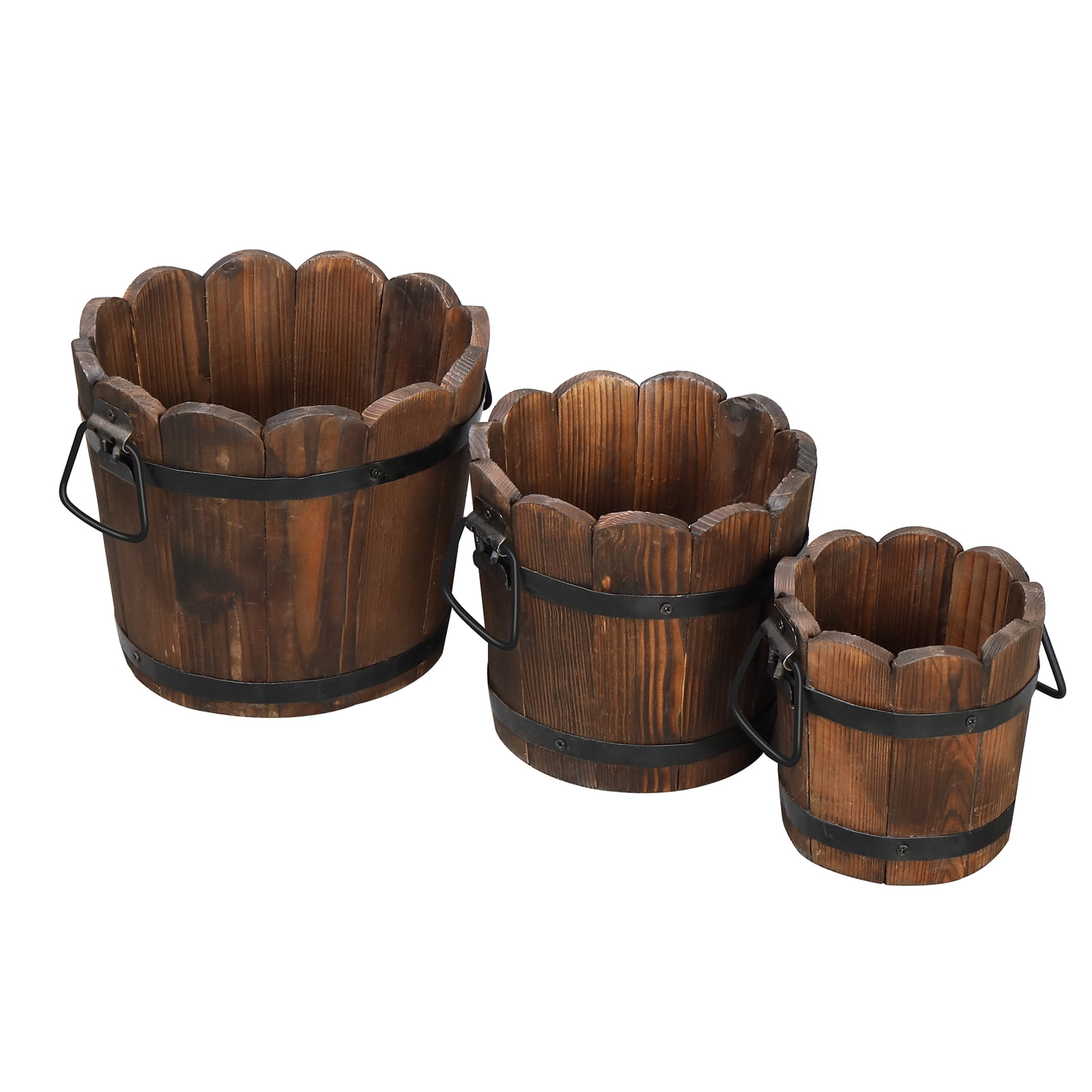 OverPatio Wooden Bucket Barrel Planters Garden Planter Barrel Set for