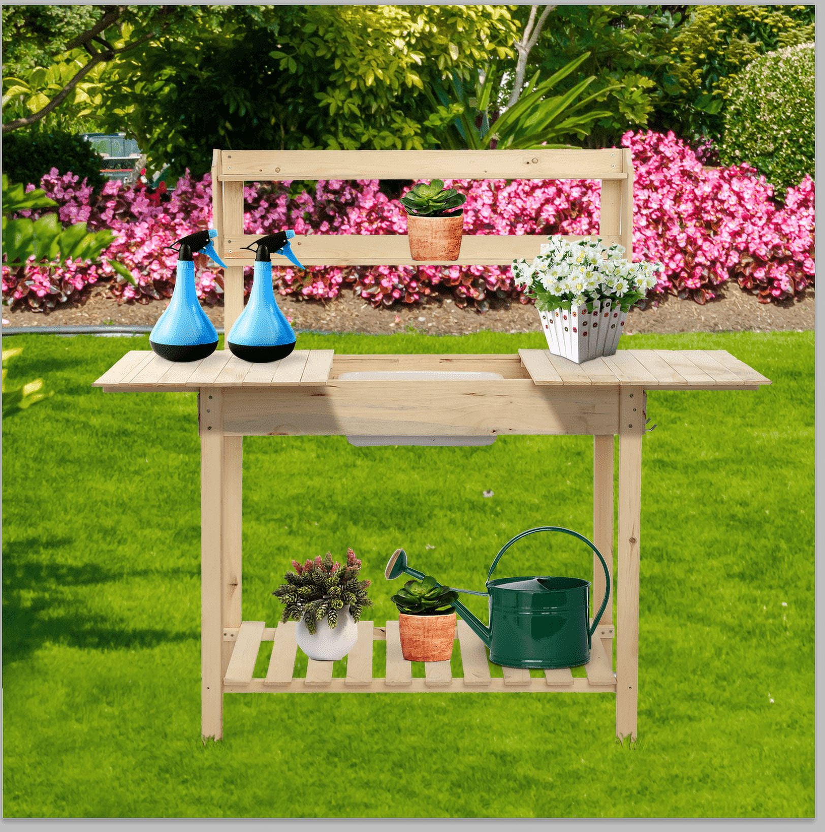 OverPatio Wooden Garden Workbench Sliding Table Top Natural Fir ...