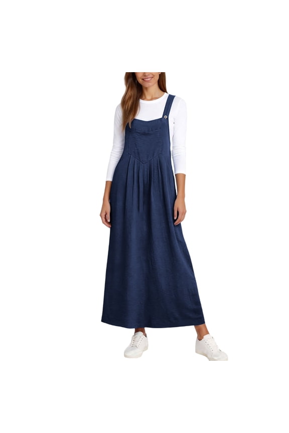 Overall Dress for Women Adjustable Straps Cotton Linen Beach Jumper Dress A Line Flowy Casual Summer Vacation Maxi Dress with Pocket