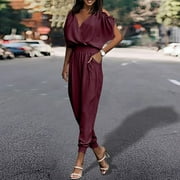 BSYOUFIER Overall Jumpsuit For Women Loose 2024 Casual Summer Jumpsuits Wine S
