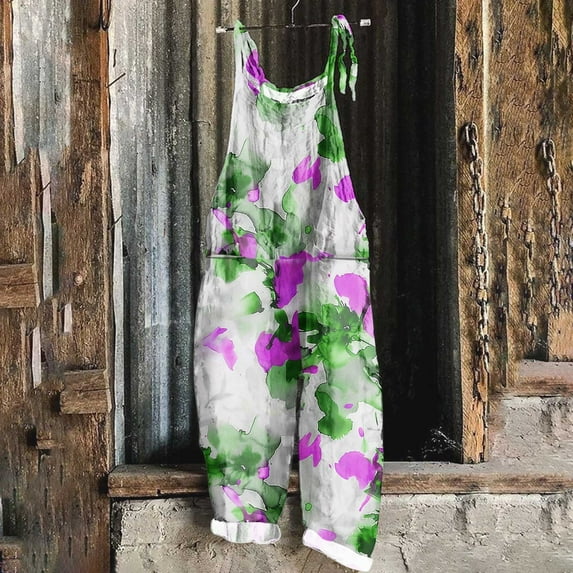 Overall Jumpsuits for Women Fall Summer Sleeveless Backless Floral Print Loose Fit Plus Size Jumpsuit Rompers Women Green M