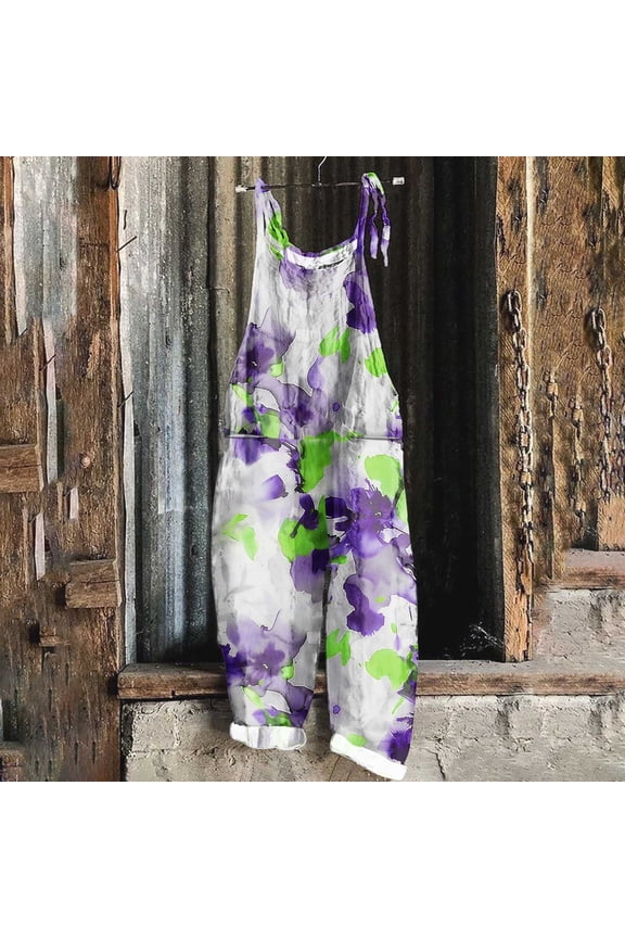 Overall Jumpsuits for Women Fall Summer Sleeveless Backless Floral Print Loose Fit Plus Size Jumpsuit Rompers Women Purple XL