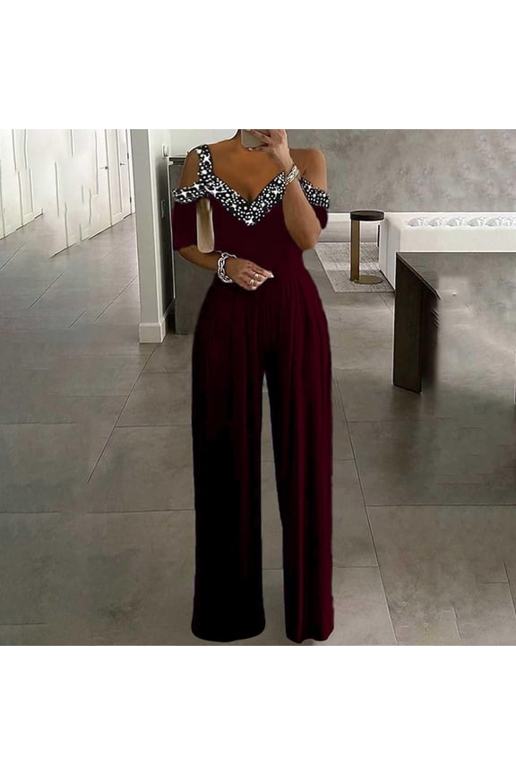 Overall Shorts for Women Evening Party Wide Leg Jumpsuit Womens Sparkly Cold Shoulder Long Rompers Pants for Formal Evening Party Business Casual Wine 3XL