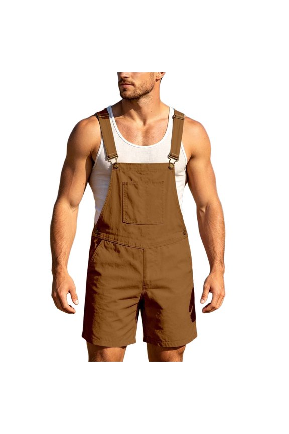 Overall Shorts for Men Stretchy Solid Color Romper Work Jumpsuits Coffee XXXXXL