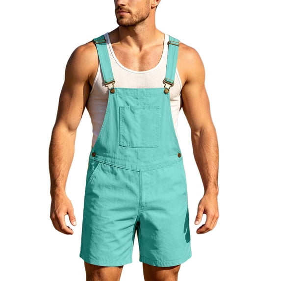 Overall Shorts for Men Stretchy Solid Color Romper Work Jumpsuits Mint Green L
