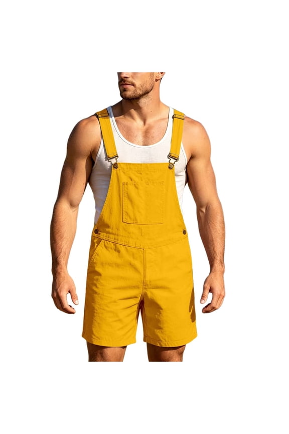 Overall Shorts for Men Stretchy Solid Color Romper Work Jumpsuits Yellow M