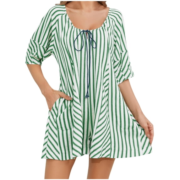 Overall Shorts for Women Striped Crew Neck Tie Front Rompers Plus Size Fashion Summer One Piece Jumpsuits