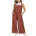 thumbnail image 1 of Overalls For Kids Cute Tops For Girls 10-12 Girl's Square Neck Sleeveless Jumpsuits Wide Leg Long Pants Rompers With Pockets Brick Red 5-6 Years, 1 of 8