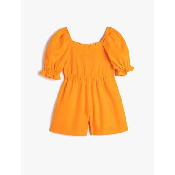 Overalls Linen Blend Short Sleeve Back Gimped Detail Square Neck