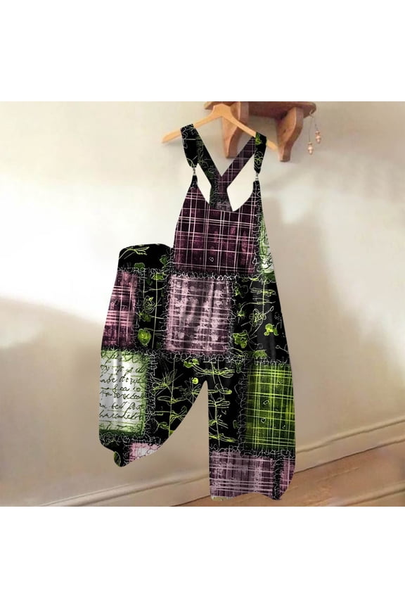 Overalls Women Summer Boho Floral Loose Wide Leg Jumpsuits with Pockets Patchwork Bib Overalls Purple 2XL