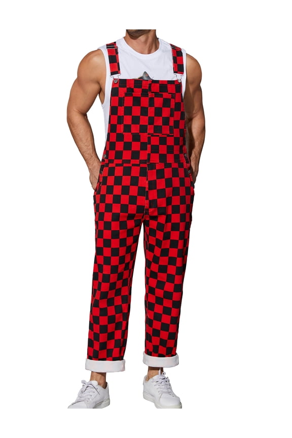 Overalls for Men Checkered Jumpsuits Stretchy Rompers Work Bibs Coveralls(Buffalo Plaid,XL)