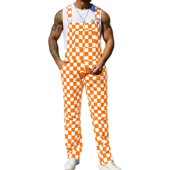 Overalls for Men Checkered Jumpsuits Stretchy Rompers Work Bibs Coveralls(Orange and White Checkered,L)
