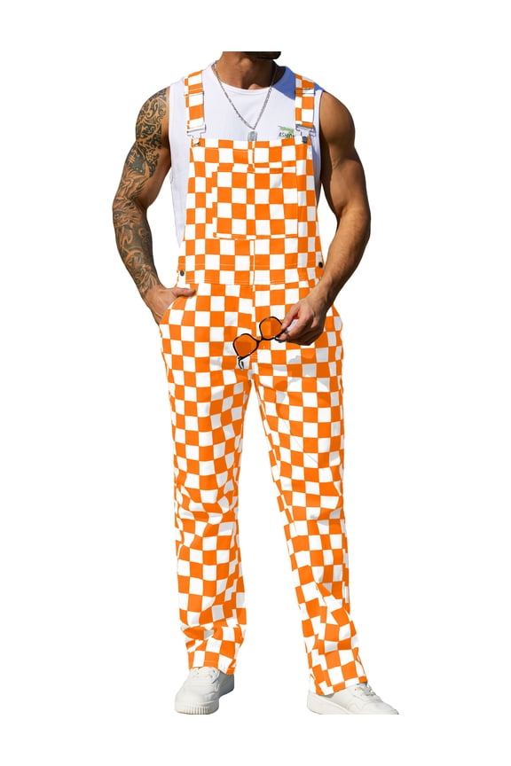 Overalls for Men Checkered Jumpsuits Stretchy Rompers Work Bibs Coveralls(Orange and White Checkered,M)