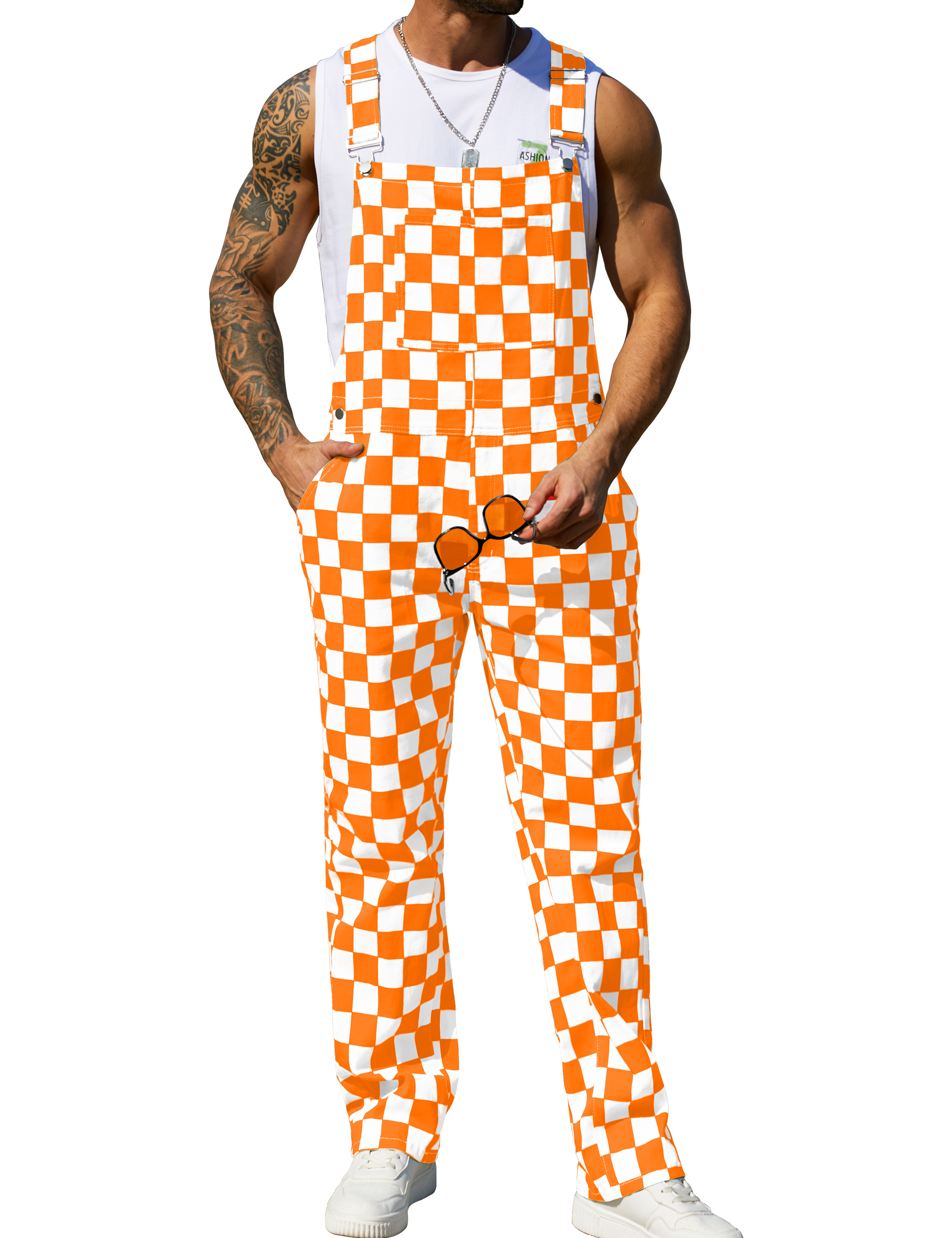 Overalls for Men Checkered Jumpsuits Stretchy Rompers Work Bibs Coveralls(Orange and White Checkered,L)