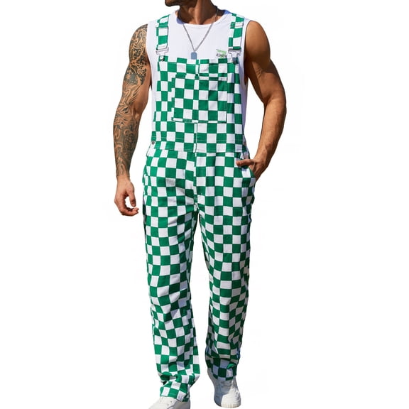 Overalls for Men Checkered Jumpsuits Stretchy Rompers Work Bibs Coveralls