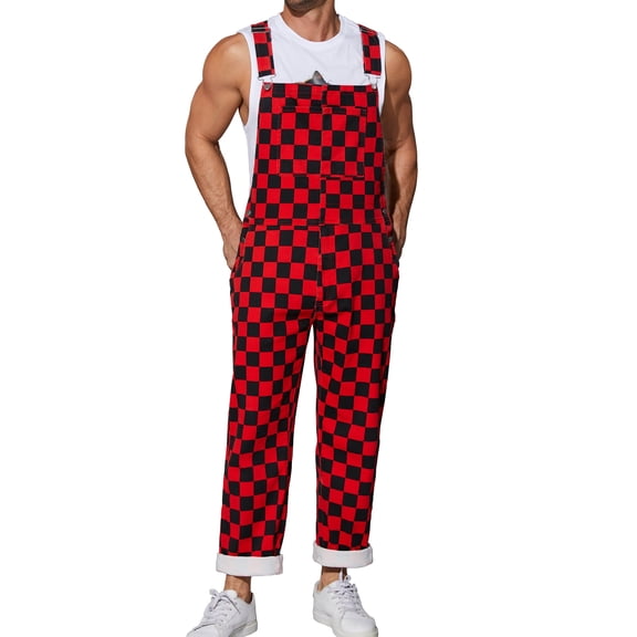 Overalls for Men Checkered Jumpsuits Stretchy Rompers Work Bibs Coveralls
