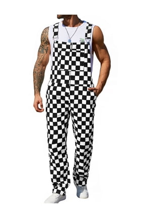 Overalls for Men Checkered Jumpsuits Stretchy Rompers Work Bibs Coveralls(Black and White Checkered,XL)
