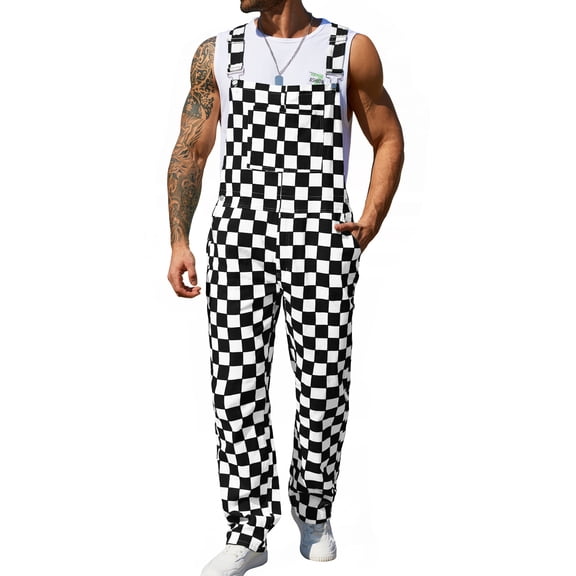 Overalls for Men Checkered Jumpsuits Stretchy Rompers Work Bibs Coveralls
