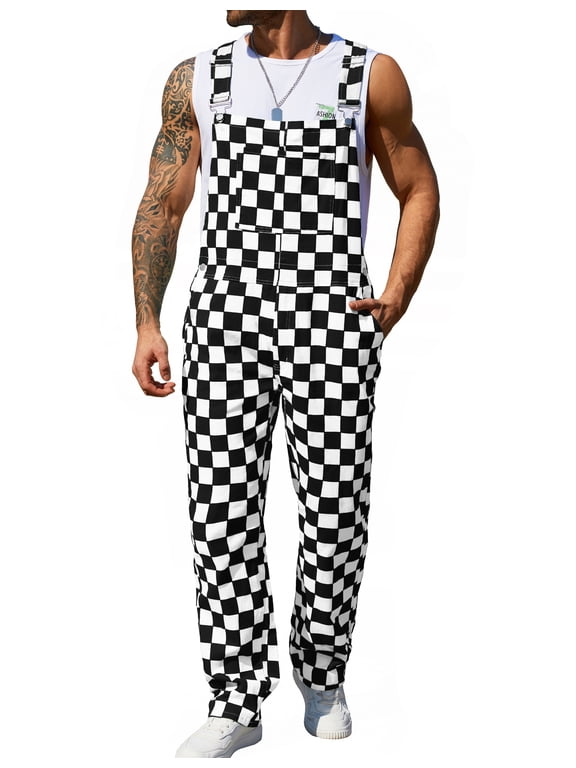 Overalls for Men Checkered Jumpsuits Stretchy Rompers Work Bibs Coveralls(Black and White Checkered,M)