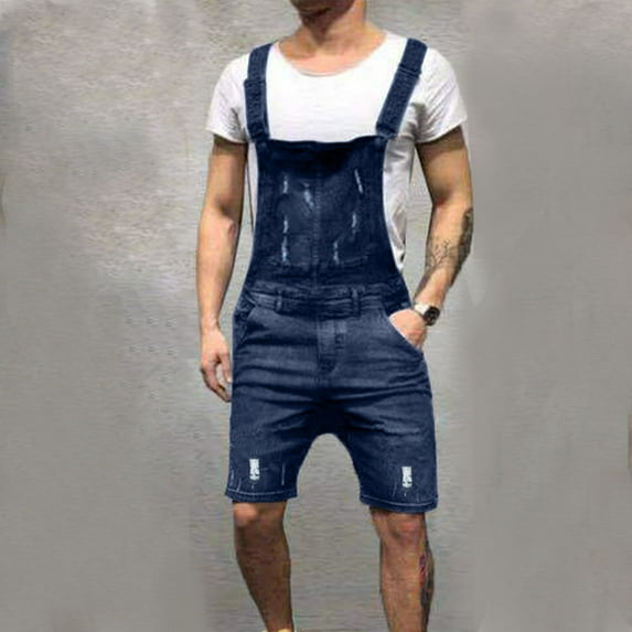Overalls for Men Solid Breast Pocket Ripped Casual Shorts Solid Color Straight Type Overalls with Big Front Pocket